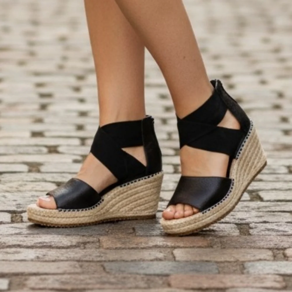 Eileen Fisher Wiley Black Wedge Espadrille Sandals